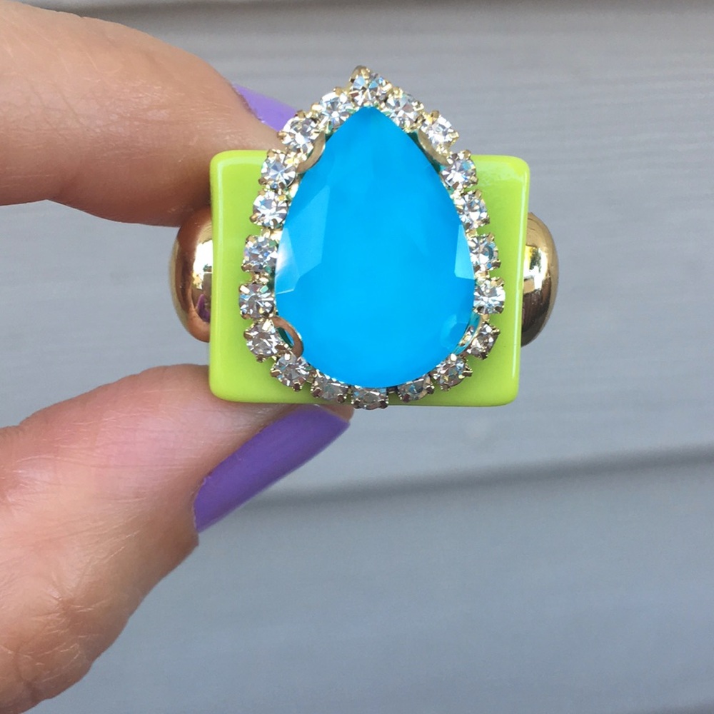 Aquamarine Turquoise Blue + Neon Green Gold Pear Crystal Halo Statement Ring
